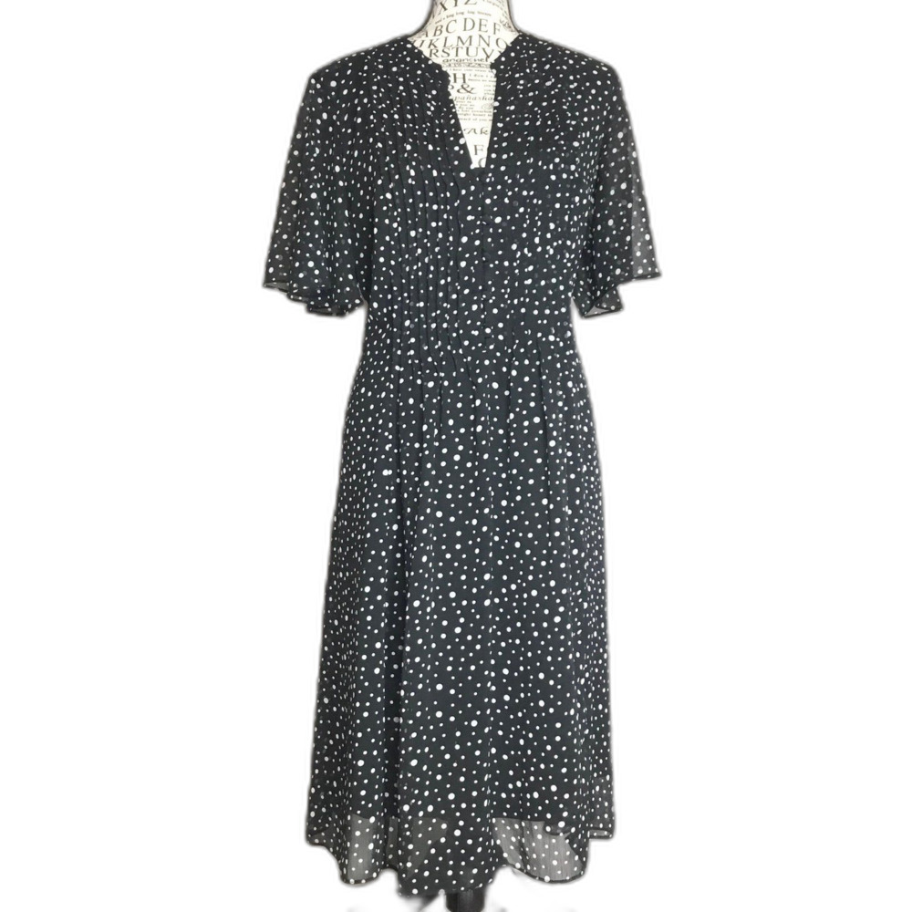 JBS black floaty dress white polka dot midi lined cottagecore feminine 14/L